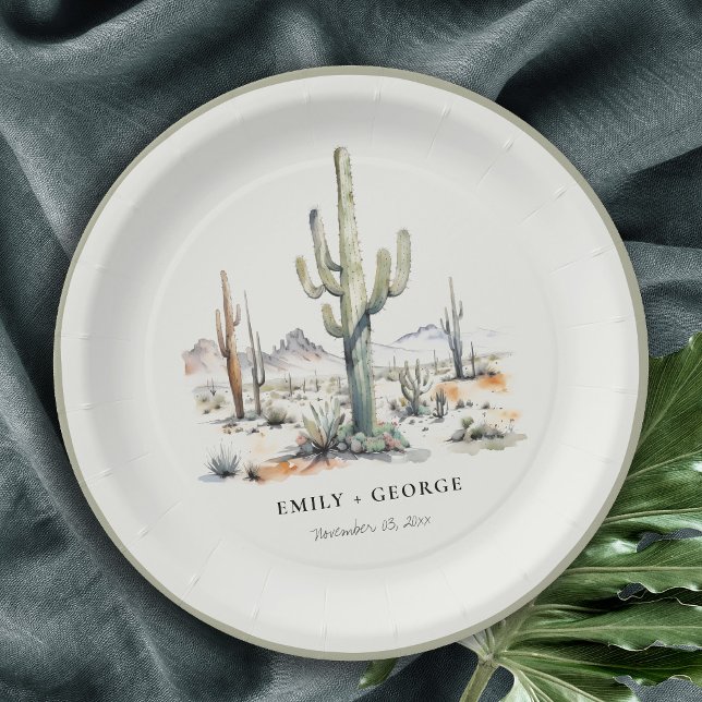 Western Boho Cactus Desert Landscape Wedding Paper Plate (Creator Uploaded)