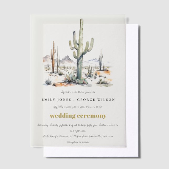 Western Boho Cactus Desert Landscape Wedding Vellum Invitations (Offset)