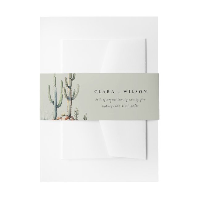 Western Boho Cactus Desert Sage Green Wedding Invitation Belly Band (Front Example)