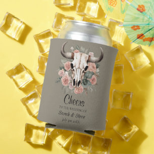 Western Boho Cow Floral Skull Sage Wedding Can Cooler