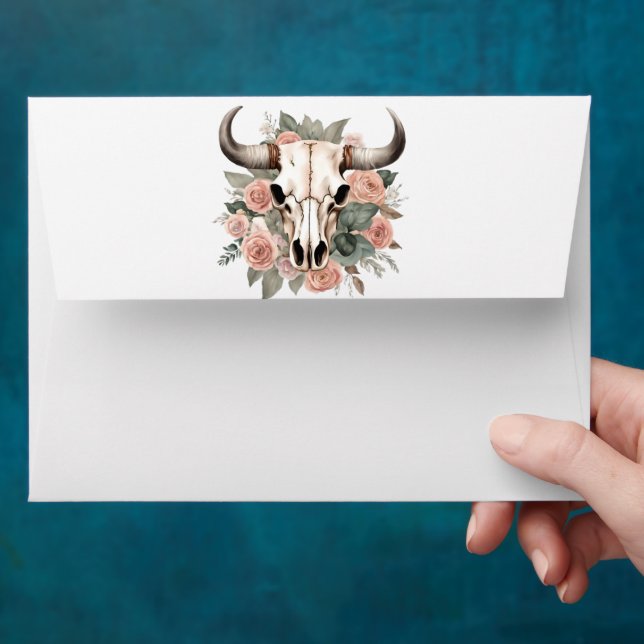 Western Boho Cow Floral Skull Sage Wedding Envelope (Hand)