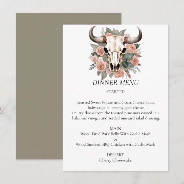 Western Boho Cow Floral Skull Sage Wedding Menu (Front/Back)