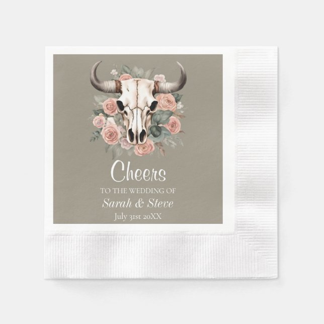 Western Boho Cow Floral Skull Sage Wedding Napkin (Front)