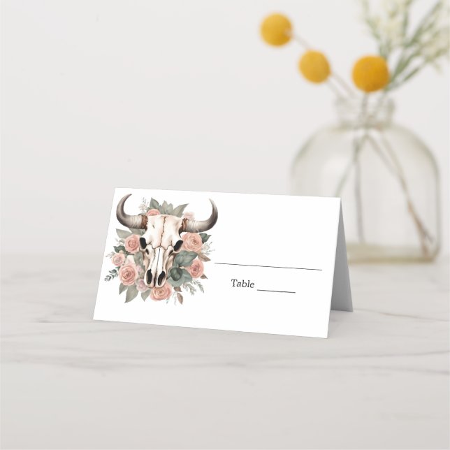 Western Boho Cow Floral Skull Sage Wedding Place Card (Front)