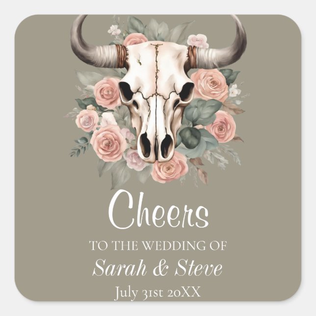 Western Boho Cow Floral Skull Sage Wedding Square Sticker (Front)