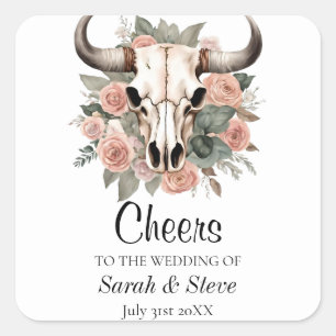 Western Boho Cow Floral Skull Sage Wedding Square Sticker