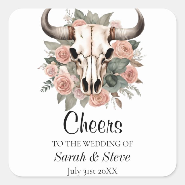 Western Boho Cow Floral Skull Sage Wedding Square Sticker (Front)