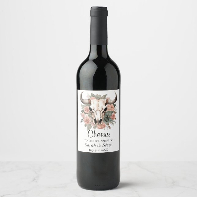 Western Boho Cow Floral Skull Sage Wedding Wine Label (Front)