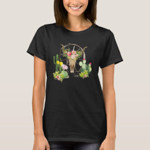 Western Boho Cow Skull Bull Skull Cactus Flower T-Shirt