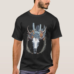 Western Boho Cow Skulls with Horns and Flowers T-Shirt