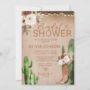 Western Boho Cowgirl Boots Cactus Bridal Shower Invitation