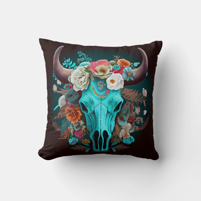 Western Boho Flowers Turquoise Cow Bull Skull Cushion (Front)