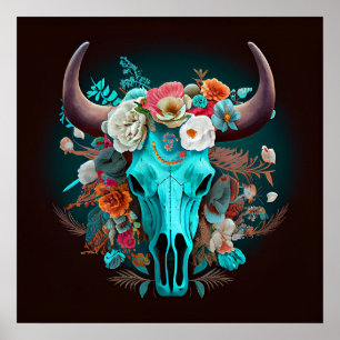 Western Boho Flowers Turquoise Cow Bull Skull Poster