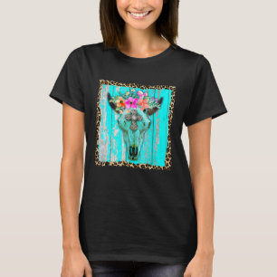 Western Boho Flowers Turquoise Cow Bull Skull Rode T-Shirt