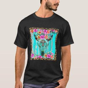 Western Boho Flowers Turquoise Cow Bull Skull Rode T-Shirt