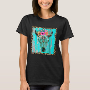 Western Boho Flowers Turquoise Cow Bull Skull Rode T-Shirt