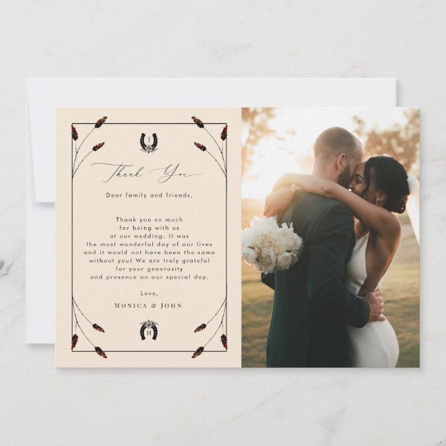 Western Boho Horseshoe Monogram 2 Photo Wedding Thank You Card (Front)