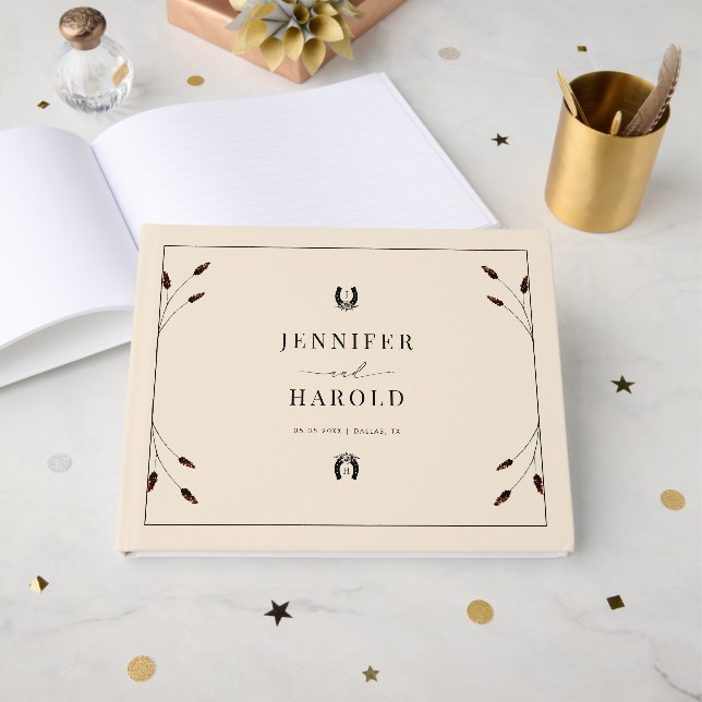 Western Boho Horseshoe Monogram Ranch Farm Wedding Guest Book (Front Open)