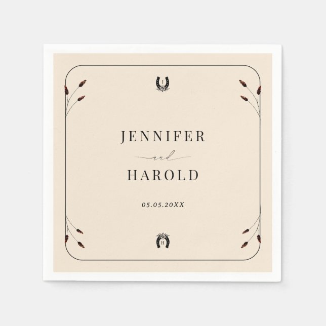 Western Boho Horseshoe Monogram Rustic Wedding Napkin (Front)