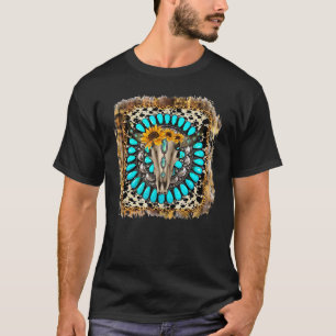 Western Boho Leopard Turquoise Cow Bull Skull Rode T-Shirt