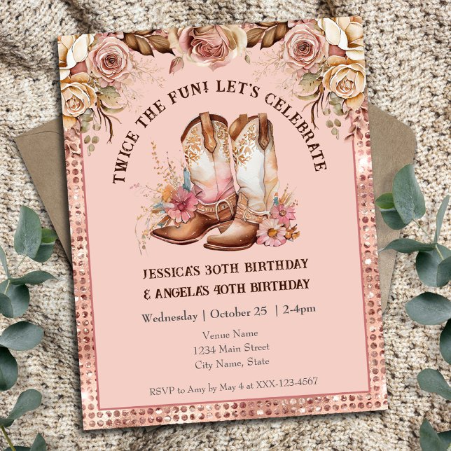 Western Boho Pink Floral Cowgirl Double Birthday Invitation (Creator Uploaded)