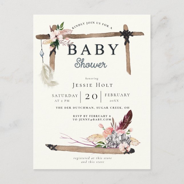 Western Boho Style Baby Shower Invitation Postcard (Front)