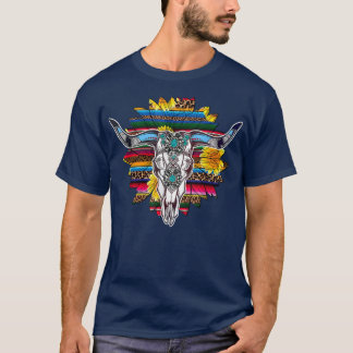 Western Boho Sunflowers Turquoise Cow Bull Skull  T-Shirt