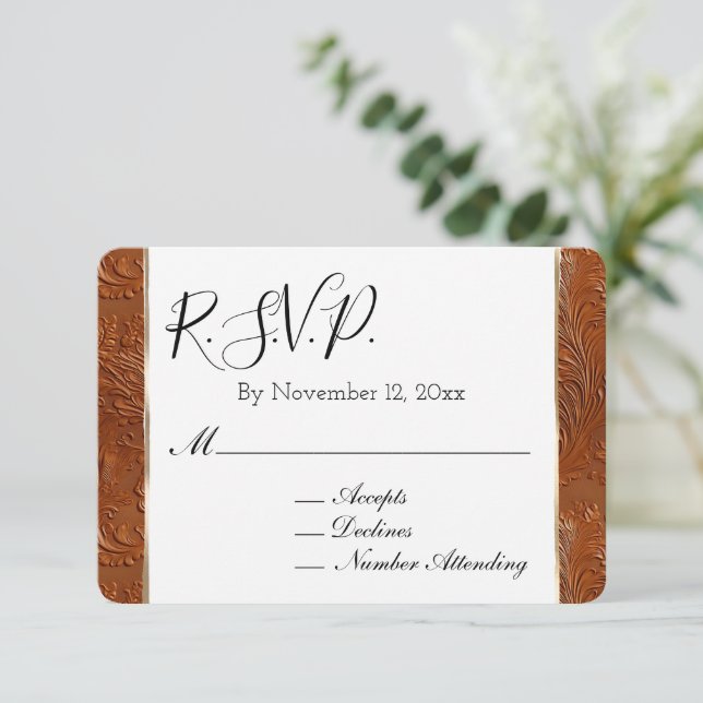 Western Boho Tan Brown Cowgirl Leaf Wedding RSVP Enclosure Card (Standing Front)