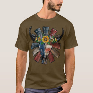 Western Boho Teas American Flag Sunflower Cow Bull T-Shirt