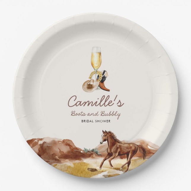 Western Boots and Bubbly Bridal Shower Paper Plate (Front)