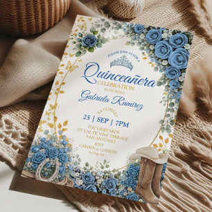Western Boots Blue Roses Golden Quinceañera Invitation