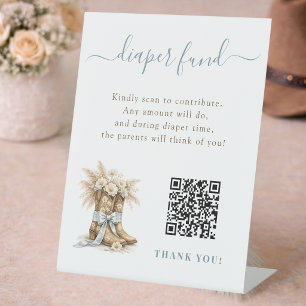 Western Boots Bow Boy Baby Shower Diaper Fund QR Pedestal Sign