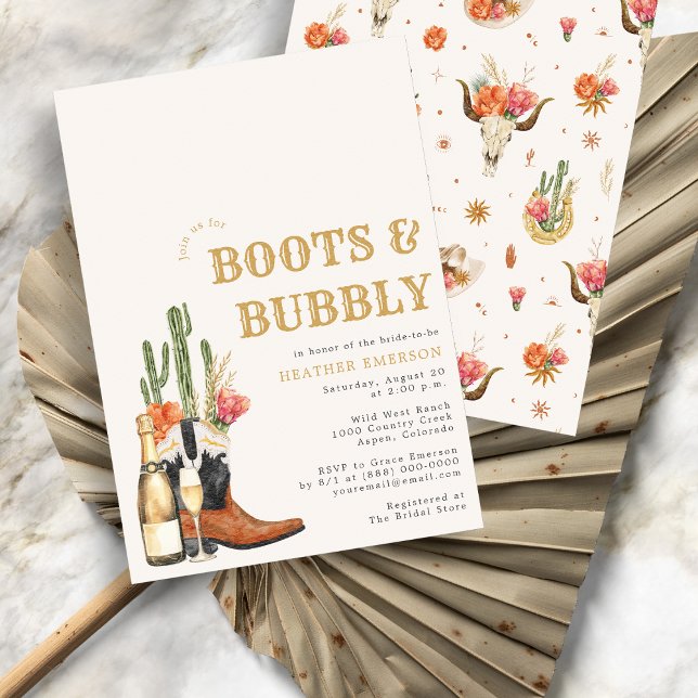 Western Boots Bridal Shower Invitation (Bridal Shower Boho Watercolor Boots and Bubbly Invitation
)