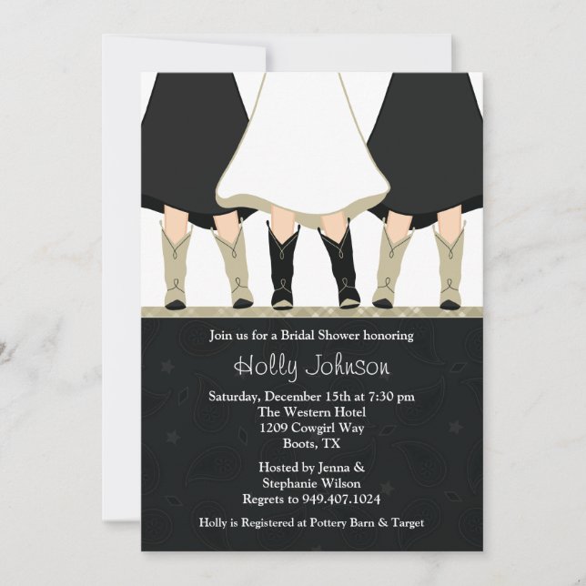 Western Boots Bridal Shower Invitation Black Taupe (Front)
