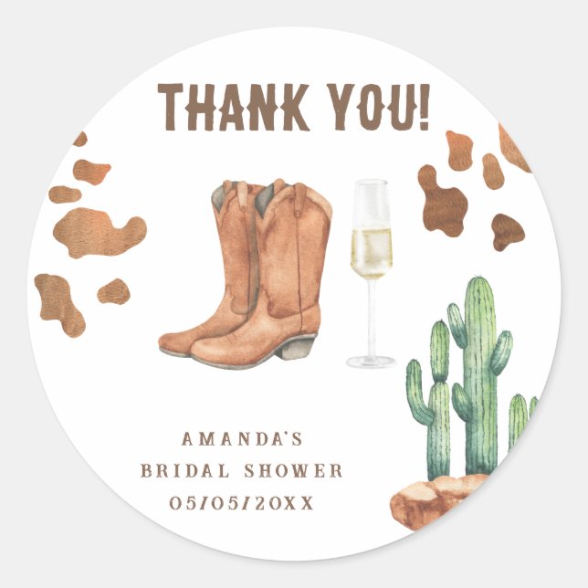Western Boots & Bubbly Thank you Bridal shower  Classic Round Sticker (Front)
