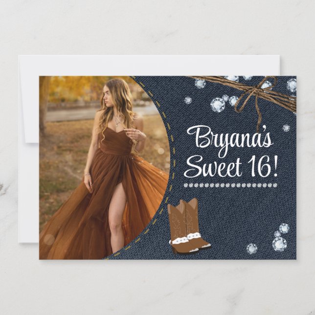 Western Boots Denim & Diamonds Birthday Photo  Invitation (Front)