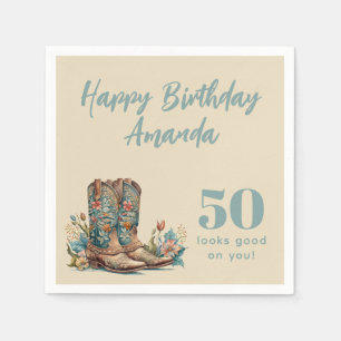 Western Boots Floral Fiftieth Birthday Napkin