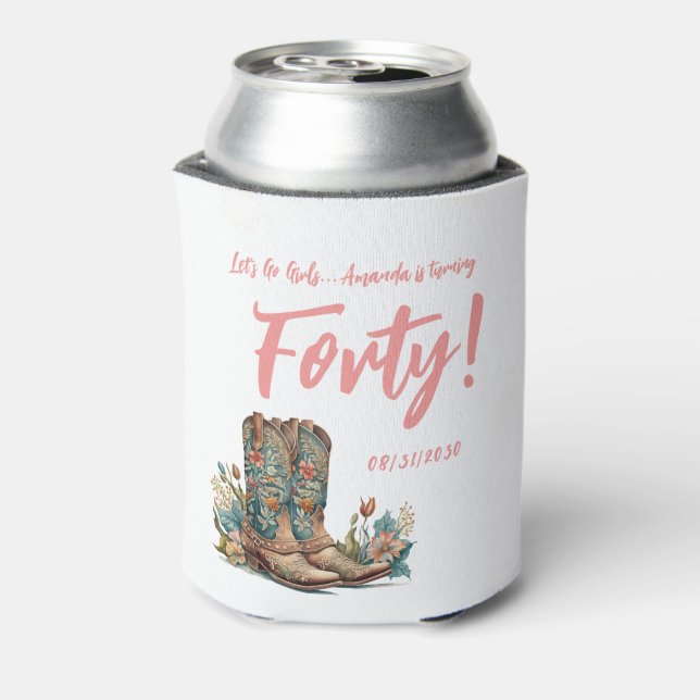 Western Boots Floral Fortieth Birthday Party Can Cooler (Can Back)