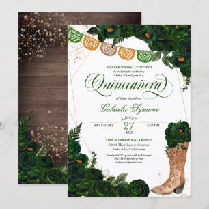 Western Boots Green Floral Charro Quinceanera Invi Invitation