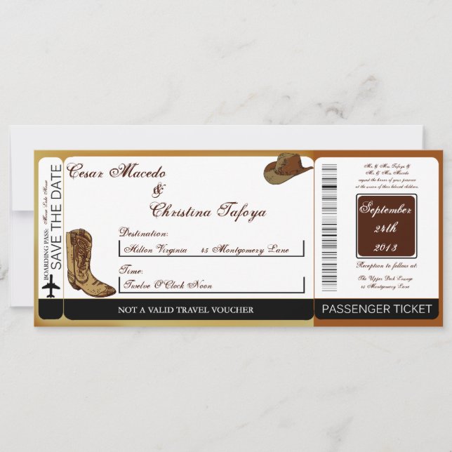 Western Boots/hat Boarding Pass Wedding Invitation (Front)
