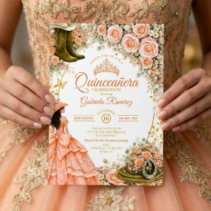 Western Boots Peach Roses Golden Quinceañera Invitation