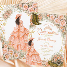 Western Boots Peach Roses Golden Quinceañera