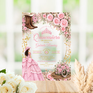 Western Boots Pink Roses Golden Quinceañera Acrylic Invitations