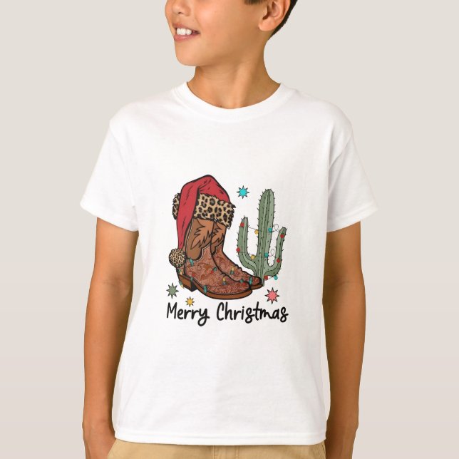 Western Boots Santa Merry Christmas Boots Xmas T-Shirt (Front)