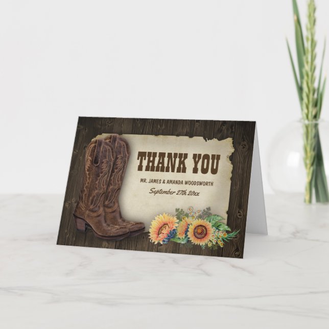 Western Boots Sunflower Wedding Thank You Cards (Front)