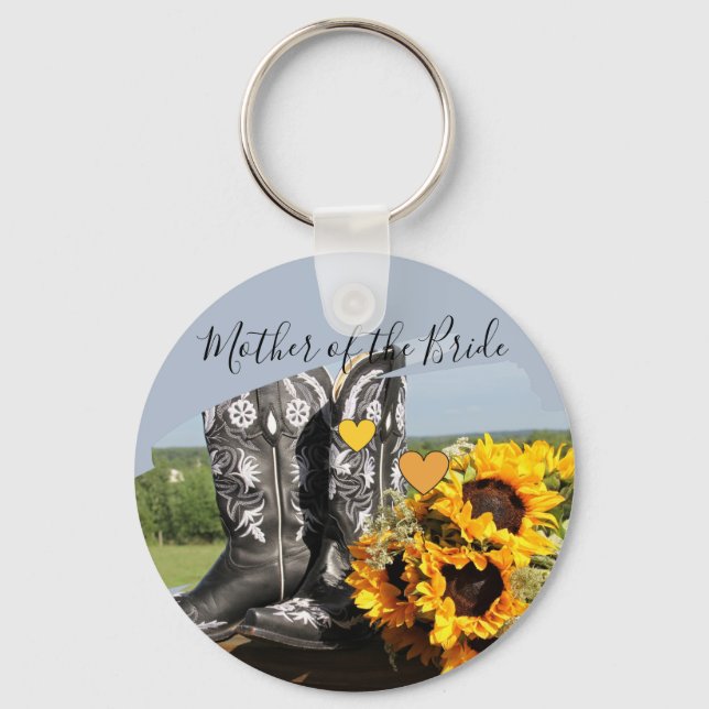 Western Boots Sunflowers Rustic Wedding Key Ring (Front)