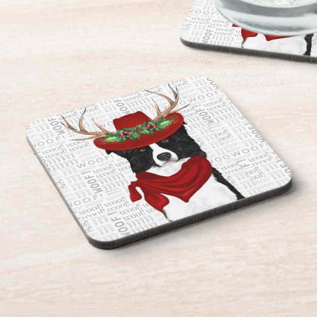 Western Border Collie with Woof Word Art Holiday Coaster (Left Side)