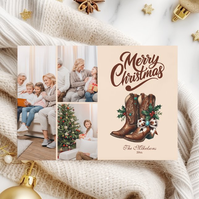 Western Bow & Boots Christmas 3 Photo  Holiday Card (Creator Uploaded)