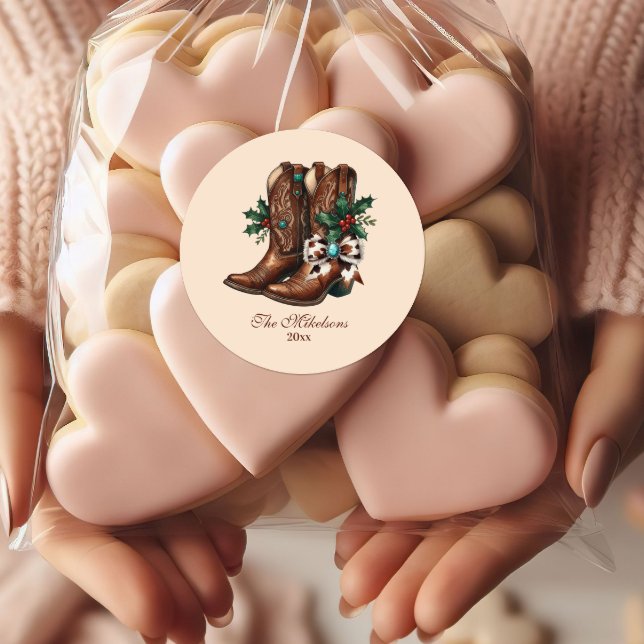 Western Bow & Boots Christmas  Classic Round Sticker (Creator Uploaded)