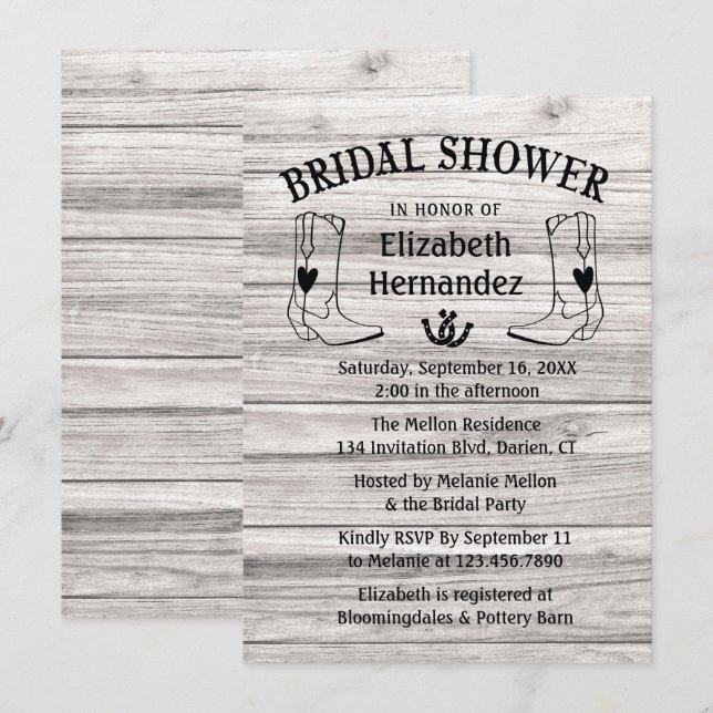 Western Bridal Shower Cowboy Boots Country Wood Invitation (Front/Back)
